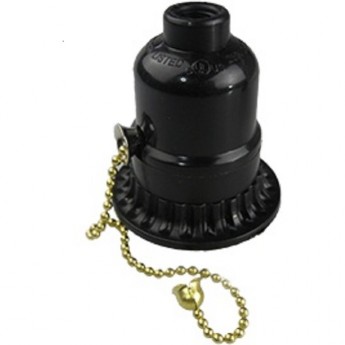 Патрон ECOLA BASE с кольцом и выключателем на цепочке карболит E27 Черный Патрон ECOLA BASE с кольцом и выключателем на цепочке карболит E27 Черный